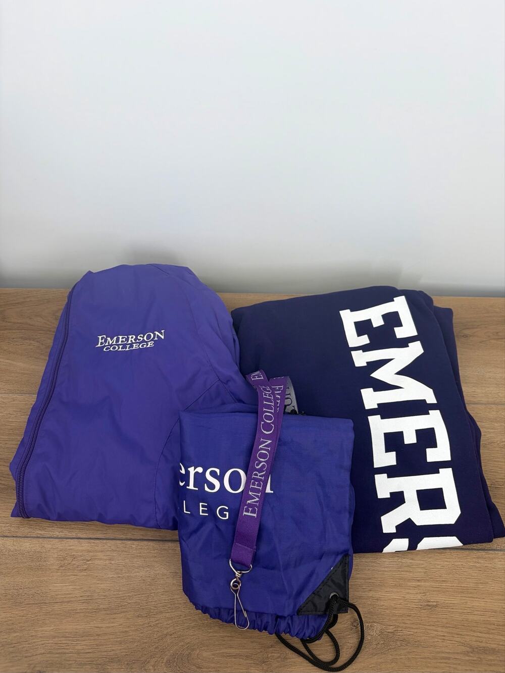🎓 Emerson College 4-Piece Merch Bundle Medium Jacket, Sweatpants, Bag & Lanyard